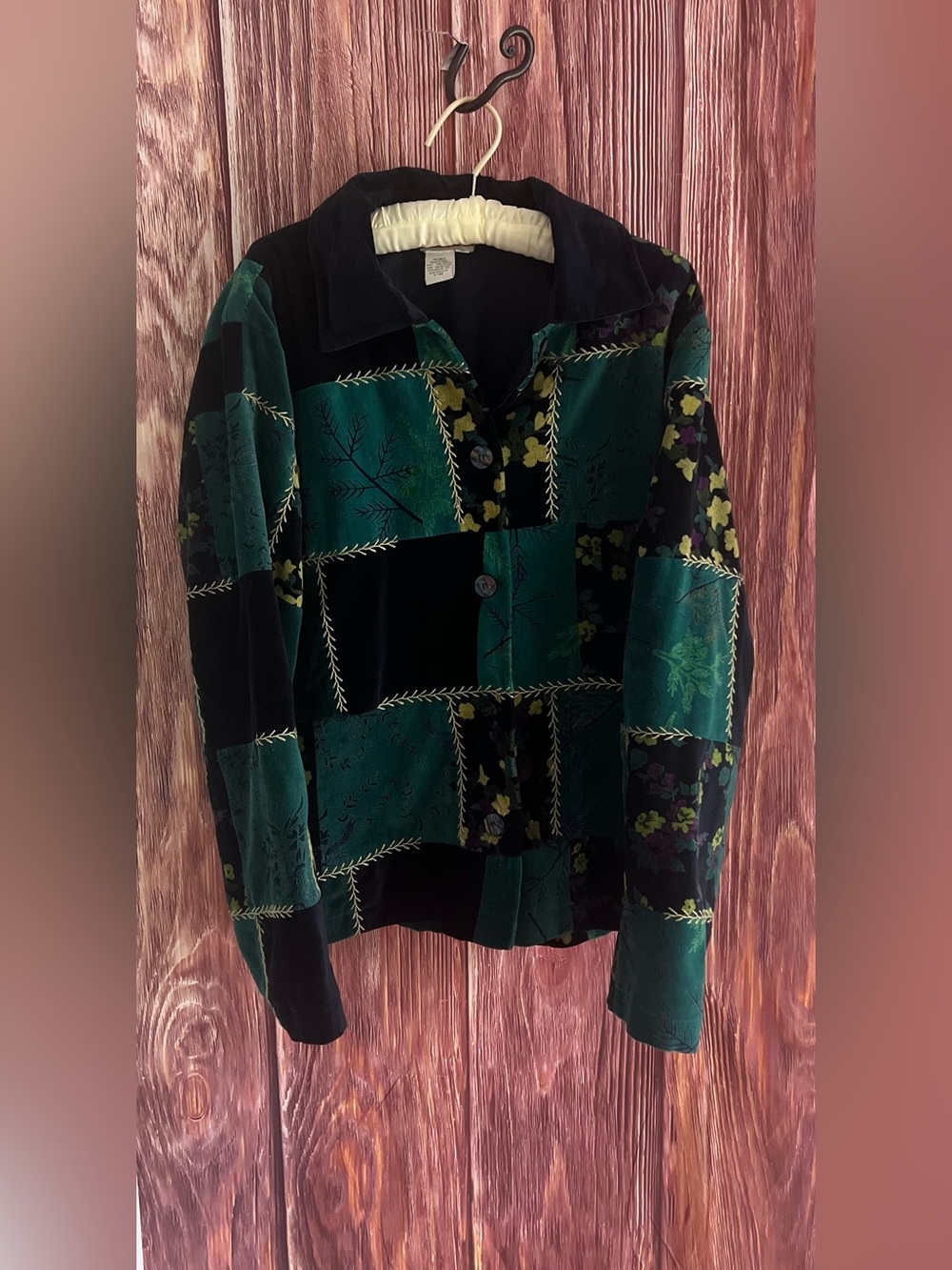 Coldwater Creek  Vintage Velvet Patchwork Button-Up Jacket in Teal and Black